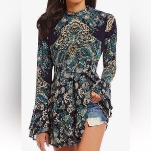 Free People Lady Luck Printed Tunic Dress Split Bell Sleeves Women’s Medium